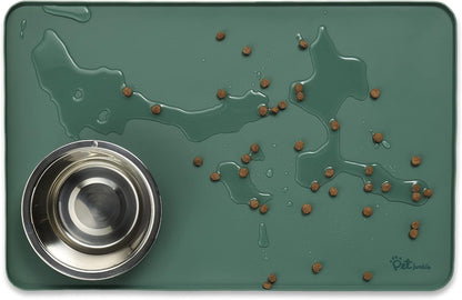 Silicone Dog Mat for Water Bowl and Food Dish, Pet Mat for Floors, Waterproof Dog Food Tray (Green)