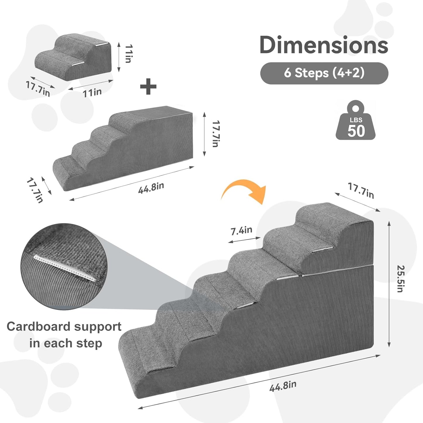 ABORON 𝟲 𝗦𝘁𝗲𝗽𝘀 Dog Steps for High Bed, 26 Inch High Dog Stairs for Small Dogs, Waterproof Pet Stairs for Small Old Large Dogs and Cats with Removable Cover & PE Support Board for Bed/Car/Couch