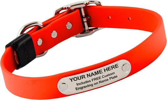 Biothane Custom Dog Collar – Waterproof, Stink-Proof Personalized Collar with Name & Phone Number – Durable, Many Sizes and Colors – Assembled in USA (Hunter Orange)