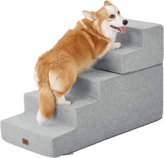Made4Pets Dog Stairs for High Bed, Extra Wide Pet Stairs for Bed Couch Sofa, 35D Foam Pet Steps for Small Dogs and Cats, Non-Slip Bottom Dog Steps, Light Grey, 5 Steps