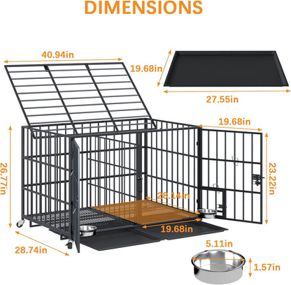 aboxoo 42/48 inch Heavy Duty Metal Dog Crate for 2 Dogs/Large Dog,All Metal Open Top Stackable,Dog Kennel Indoor with Wheels,Floor Grid, Tray, Divider and Feeding Bowl