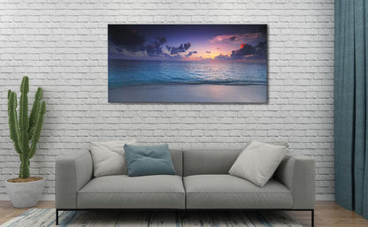 Blue Ocean Sunset Canvas Wall Art – Framed Seascape Painting, Coastal Landscape Nature Decor for Living Room & Bedroom (24x48 Inch)