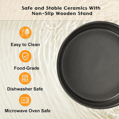 SPUNKYJUNKY Ceramic Elevated Dog Bowls 2 Pack - 6.1inch Raised Dog Bowls with Non-Slip Wooden Stand for Medium Dogs Dishwasher Safe(Black,28.7OZ*2)