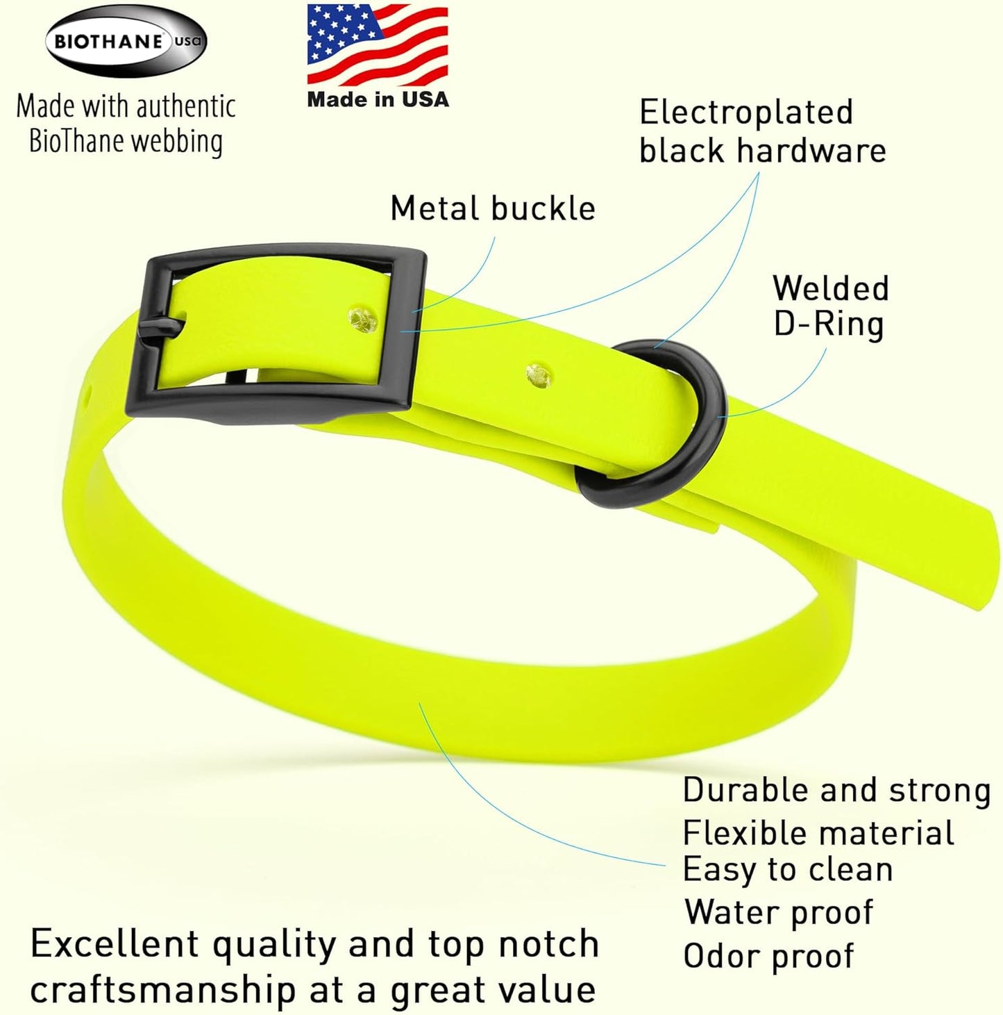 Dogline Biothane Waterproof Dog Collar Strong Coated Nylon Webbing with Black Hardware Odor- Proof for Easy Care Easy to Clean High Performance Fits Small Medium or Large Dogs, Safety Yellow