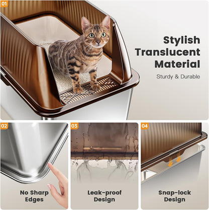 Tripamin 15” XL Stainless Steel Cat Litter Box Enclosure, XXL Stainless Steel High Sides with Lid, Extra Large Metal Cat Litter Box (Translucent Brown, XX-Large)