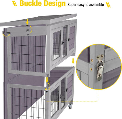 Aivituvin Rabbit Hutch Indoor, Folding Bunny Cage with Two Story, Rabbit Cage with Wheels, Anti Slip Ramp