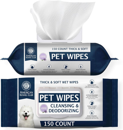 AKC Pet Wipes for Dogs & Cats – Hypoallergenic, Alcohol-Free Wipes for Paws, Face, Ears & Coat – Thick, Gentle Cleaning with Natural Aloe – Available in Lavender, Fresh & Oatmeal Scents