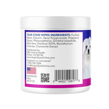 ANGELS' EYES Gentle Tear Stain & Pet Eye Wipes for All Dogs & Cats Textured Grooming Wipes Remove Discharge & Mucus, Reduce Tear Stains, Hypoallergenic with Aloe & Chamomile, 100ct
