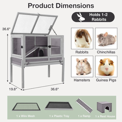 Guinea Pig Cage with Wooden Stand - Hamster Cage, Small Animal Cage Anti Chew Ramp, Hideout, Platform, Pull Out Tray (Grey, L)