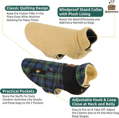 Queenmore Dog Winter Coat Warm Dog Jacket for Cold Weather, Quilting Puffer Plaid Coats for Small/Medium Dogs Waterproof,Girl/Boy Pet Christmas Coat,Pet Snowsuit with Leash Hole/Fleece Padding, S