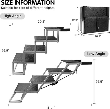 DGSL Dog Ramp for Car, 4-Step Folding Dog Stairs, Aluminum, Black, Supports Up to 250 Lbs