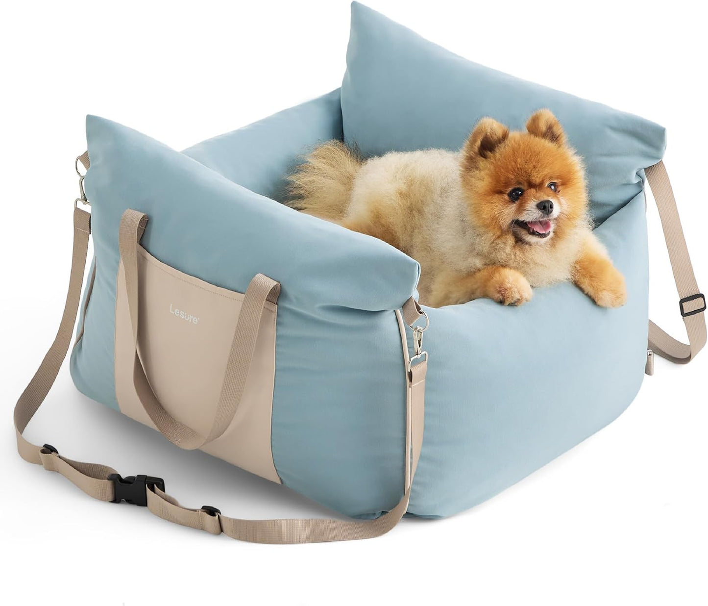 Lesure Small Dog Car Seat for Small Dogs - Soft Dog Booster Seat for Car with Storage Pocket and Clip-On Safety Leash and Thickened Memory Foam Filling, Pet Travel Carrier Bed, Light Blue