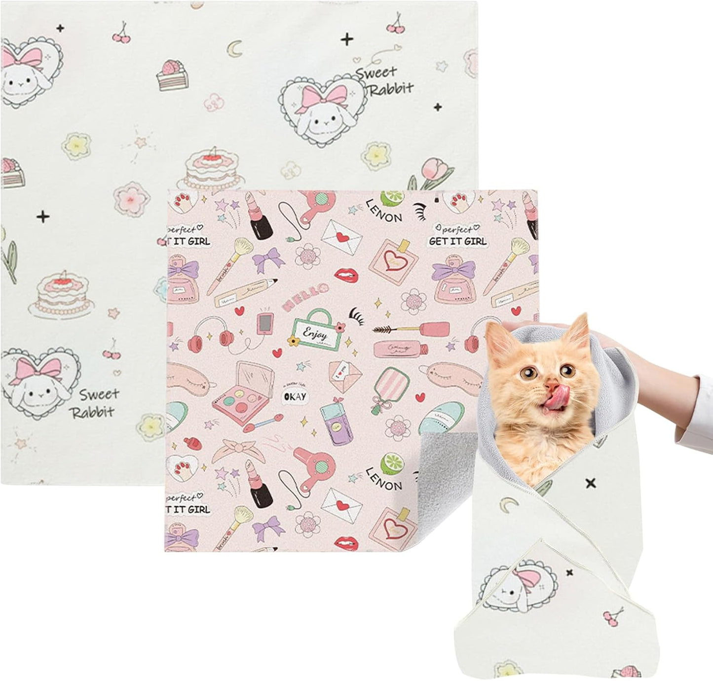 Cat Grooming Wrap, 2pcs [L+XL] Cat Restraint Wrap for Nail Clipping, Ear Cleaning, and Teeth Brushing, Self-Adherent, Anti-Bite, Anti-Scratch, Anti Scratch, Rabbit + Make-up