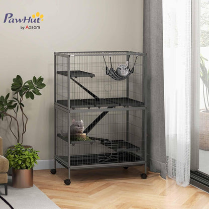PawHut 50" 5-Tier Small Animal Cage, Ferret Cage, Large Chinchilla Cage with Hammock Accessory & Heavy-Duty Steel Wire, Small Animal Habitat with 4 Doors, Removable Tray, Gray