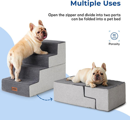 Dog Stairs for Large Dogs - Extra Wide Pet Stairs 2 in 1 with Zippers Suitable for Couch and Bed, Foam Dog Steps with Non Slip Bottom Grey 4 Steps, Grey