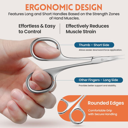 THRAU Left-Handed Cuticle Scissors – Surgical Grade Stainless Steel with Sharp Curved Tip for Cuticles, Nails, Eyebrows, Eyelashes, Nose Hair & Beard – Ideal for Manicure & Precise Grooming