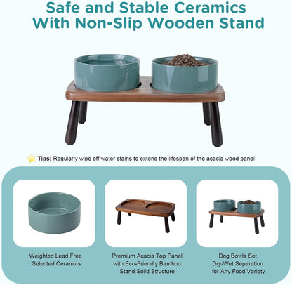 SPUNKYJUNKY Ceramic Elevated Dog Bowls Raised with Acacia Bamboo Wooden Stand, 6.1'' Dog Cat Food Water Bowls Set Non-Slip for Small Medium Sized Breed Microwave Dishwasher Safe - 28.7 OZ,Dark Green