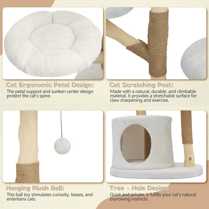 Modern Cat Tree Tower, Solid Wood Multi-Level w/ 2 Flower Perches, Scratching Post, Hanging Ball - Luxury Boho Cat Furniture w/Condo & Wicker Basket for Indoor Cats