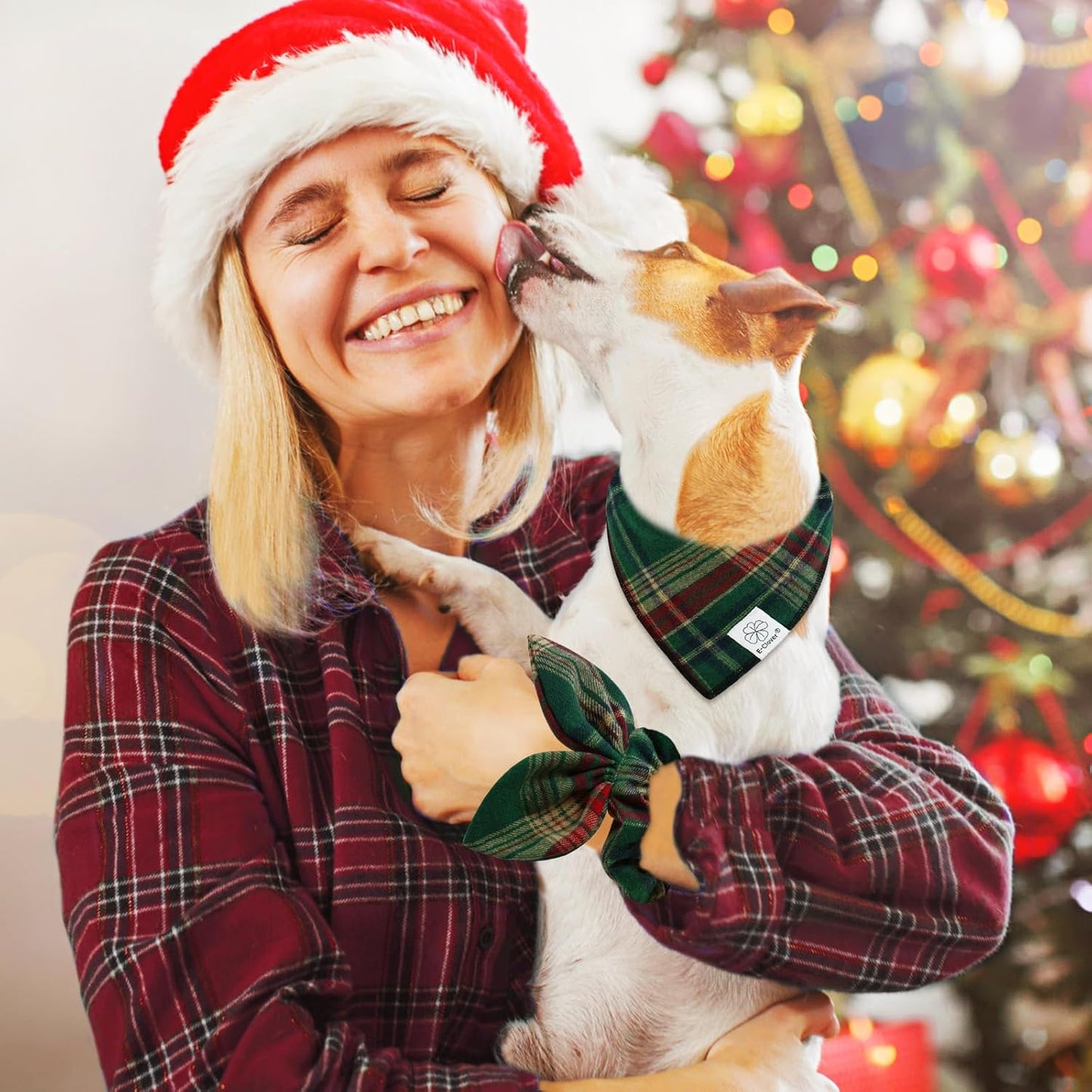 E-Clover Cute Dog Bandanas Plaid Dog Bandana Matching Scrunchie Pet Kerchief Scarf for Medium Large Dogs Boy Girl Green Red