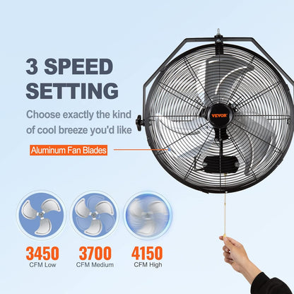 VEVOR 18 Inch Wall Mount Fan, 3-speed IP44 Waterproof, Max. 4150 CFM Wall Mounted Fan for Outdoor, Commercial, Residential, Greenhouse, Workshop, Patio, Black, ETL Listed