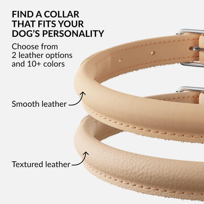 CollarDirect Rolled Leather Dog Collar, Soft Padded Round Puppy Collar, Handmade Genuine Leather Collar Dog Small Large Cat Collars 13 Colors (15-19 Inch, Beige Smooth)