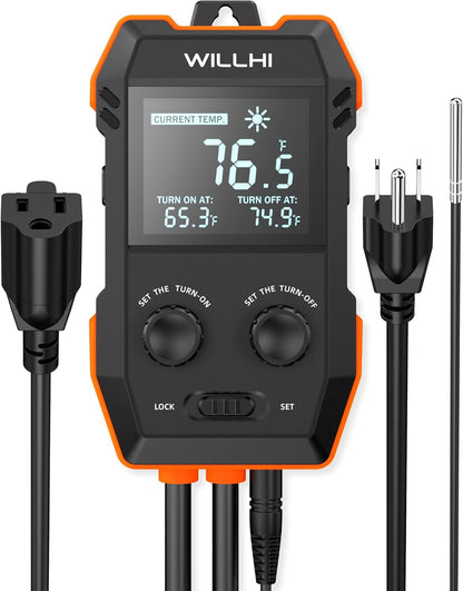 WH2408 Temperature Controller 10A 1200W, Digital Thermostat Controlled Outlet Plug Switch for Reptile Terrarium Greenhouse Homebrew Aquarium Seedling Mat, Heating or Cooling Mode Thermometer