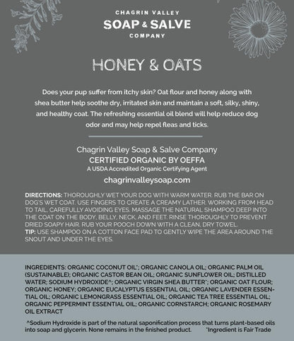 Chagrin Valley Soap & Salve Certified Organic Dog Shampoo and Conditioner – Puppy Shampoo Itchy Skin Relief and Puppy Essentials - Natural Handmade Honey & Oats, 3.8 oz Bar Soap