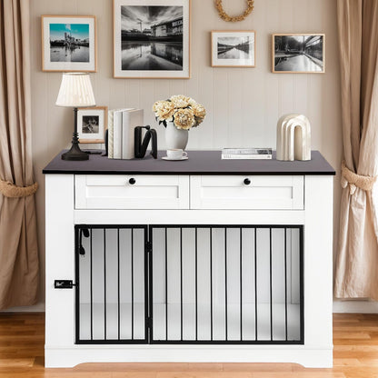 Large Dog Crate Furniture-Decorative Heavy Duty Dog Cage Indoor, Wooden Dog Cage End Table with Charging Station, Dog House with 2 Drawers (White, 47.2''L)