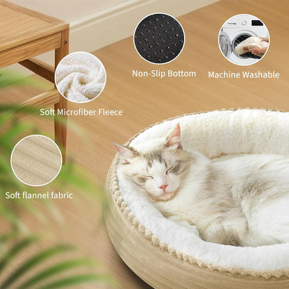 20in Camel Round Cat Dog Bed Gift for Large Medium Small Dogs Cats, Machine Washable Sleeping Sofa, Non-Slip Bottom Breathable Soft Calming Pet Cuddler for Indoor/Outdoor/Car/Cage