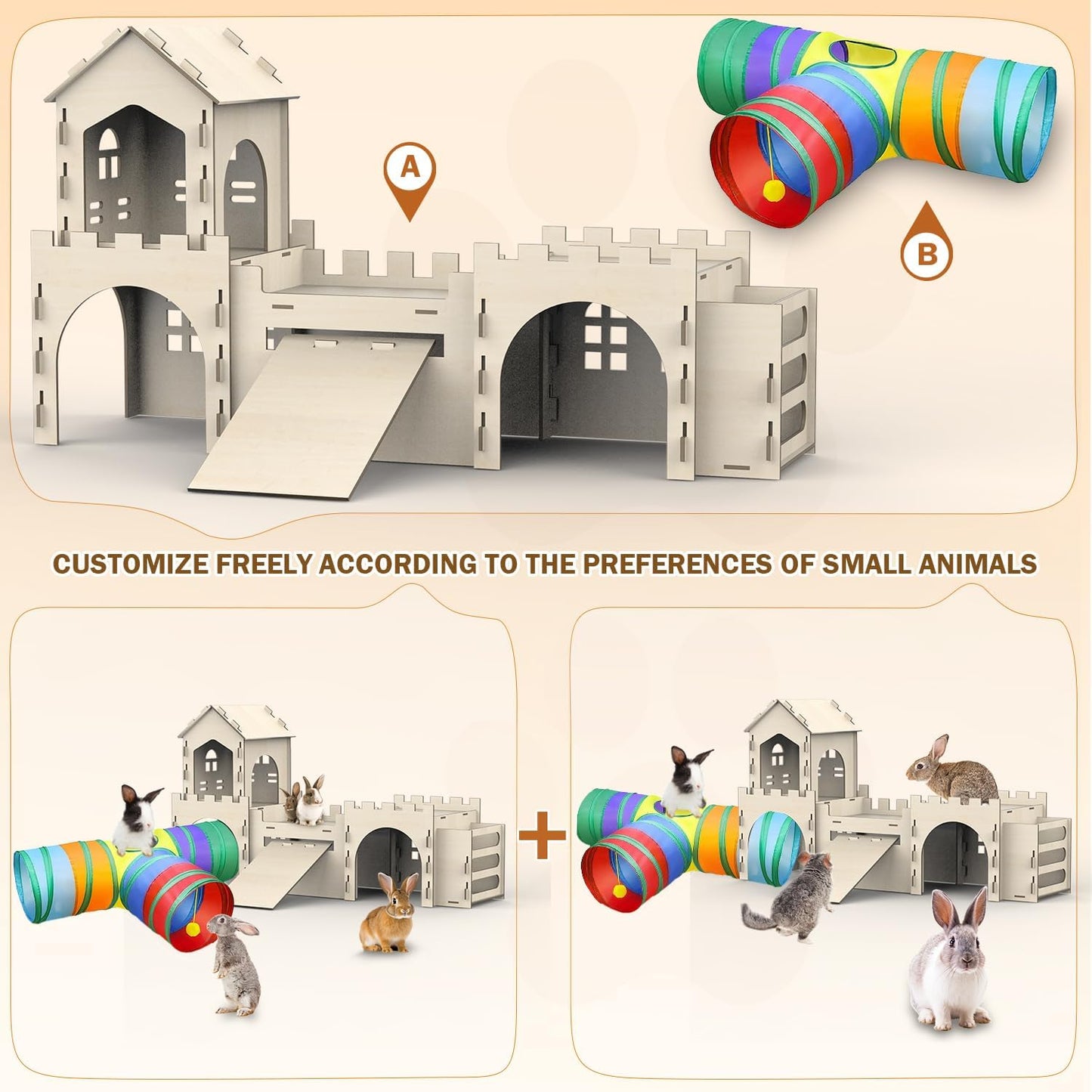 Large Bunny House and Hideouts, Wooden Dual-Layer Rabbit Castle with Stair, Rubber Band-Free Setup - chew-Proof, Sturdy Habitat for Guinea Pig Chinchilla Ferret (Rabbit House with Hay Feeder)