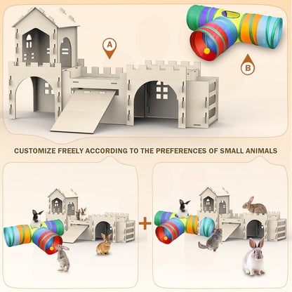 Large Bunny House and Hideouts, Wooden Dual-Layer Rabbit Castle with Stair, Rubber Band-Free Setup - chew-Proof, Sturdy Habitat for Guinea Pig Chinchilla Ferret (Rabbit House with Hay Feeder)