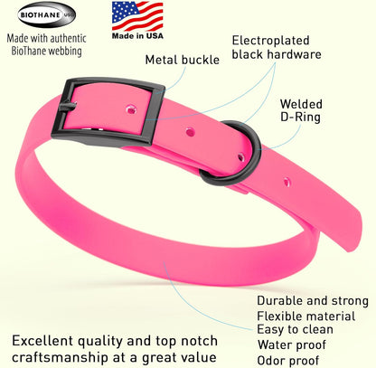 Dogline Biothane Waterproof Dog Collar Strong Coated Nylon Webbing with Black Hardware Odor- Proof for Easy Care Easy to Clean High Performance Fits Small Medium or Large Dogs, Passionfruit Pink