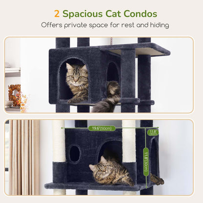 Globlazer Large Cat Tree Tower, Tall Cat Tree Condos for Indoor Cats Large Adult Cat Climbing Tower with 2 Spacious Caves, Oversized Top Perch, Big Hanging Basket, Cat Teaser Wand, F74B, Dark Grey