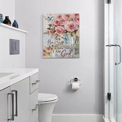 Farmhouse Rose Wall Art Christian Scripture Pictures Pink Rose Wall Decor Rustic Floral Butterfly Canvas Print Painting Artwork for Bathroom Living Room Bedroom 16"x20"