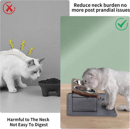 Upgraded Elevated Cat Bowls with Food Mat,15°Tilted Stand Anti Vomiting Raised Cat Dishes for Food and Water,2 Stainless Steel Bowls for Cats and Puppy（Rustic Brown）