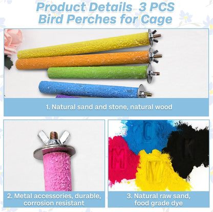 PIVBY Wood Bird Cage Perch Colorful Parrot Stand Toy Platform Paw Grinding Stick for Small Medium-Sized Bird Parakeet Cockatiel Conure Budgies Lovebird inches and Canary Colors Vary Pack of 3