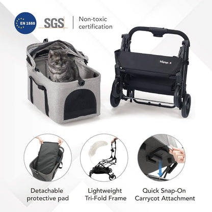 ibiyaya Essential – Travois Tri-Fold Pet Travel System for Medium Dogs, Cats, and More, 3 in 1 Dog Stroller with Detachable Carrier, XL Cabin (Taupe Gray)