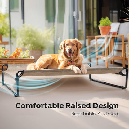 Veehoo Original Outdoor Elevated Dog Bed, Cooling Raised Dog Cot for Large Dogs, Portable Standing Pet Hammock Platform with Washable Breathable Mesh, No-Slip Feet, X-Large, Beige Coffee, CWC2201