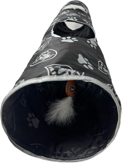 NFL Las Vegas Raiders Cat Tunnel Tube Toy with Plush Football Catnip and Feathers Collapsible Tunnel for Cats to Play, Peek and Hide, Sporty & Fun Cat Tunnel Toy with Team Logo All-Over Design!