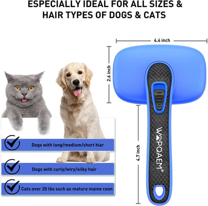 Dogs Cats Self Cleaning Slicker Brush for Shedding & Grooming Any Breed of Pets, Removes Loose, Undercoat, Mats, Tangled Hair for Small Medium Large Animal With Long Short Fur Length, Blue