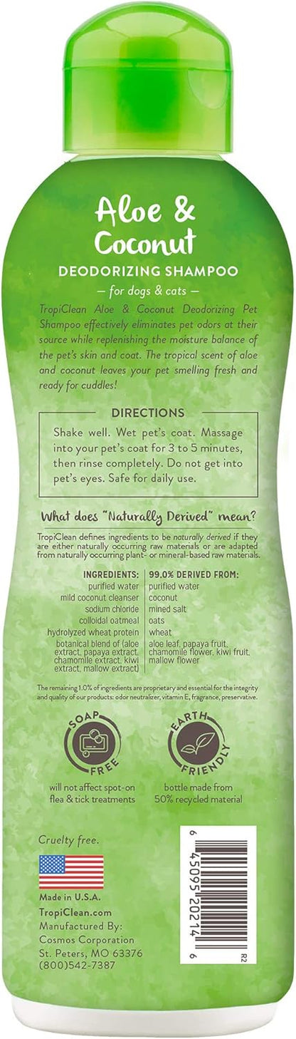 TropiClean Deodorizing Dog Shampoo for Smelly Dogs, Powerful Odor Control, Puppy Safe, Made in the USA, Aloe & Coconut Scent, Cat Friendly, 20oz.