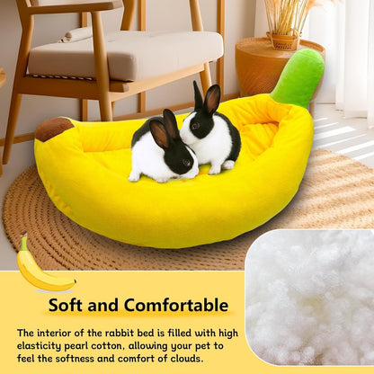 Rabbit Bed,Bunny Bed,Thick&Soft with Removable Mat,Machine Washable Guinea Pig Cushion,Cozy Rabbi Plush House,Warm Small Animal Sleeping Beds(Yellow Banana Shape-L)