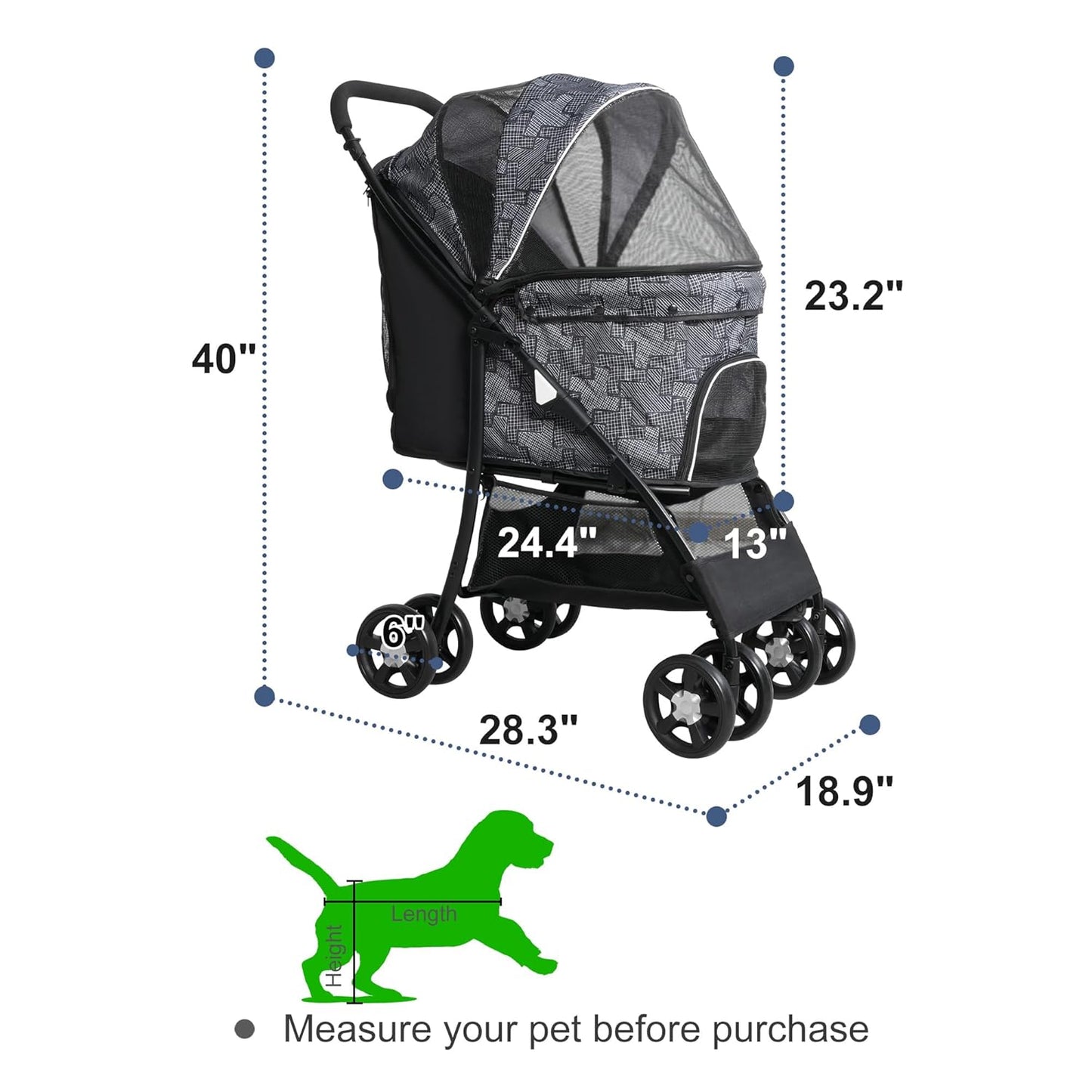 Lightweight Pet Stroller for Small/Medium Dogs and Cats - Foldable Travel Carriage with Storage Basket, Breathable Mesh & 4 Wheels - Up to 33 lbs – Black