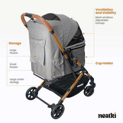 Foldable Pet Stroller for Dogs and Cats, 33 lbs Capacity, 360° Swivel Front Wheels, One-Click Fold, Brake System, Leash & Lock Clips, Removable Washable Padding, and Cup Holder (Gray, 33 lbs)