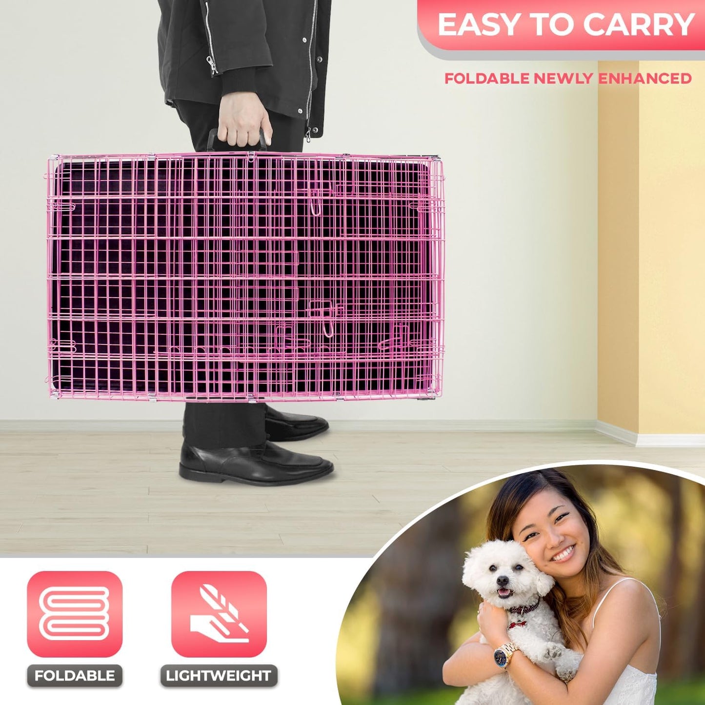 FDW Dog Crate for Small Dogs 24 Inch Folding Metal WirePet Cage Double Door W/Divider Panel Indoor Outdoor Kennel Leak-Proof Plastic Tray,Pink