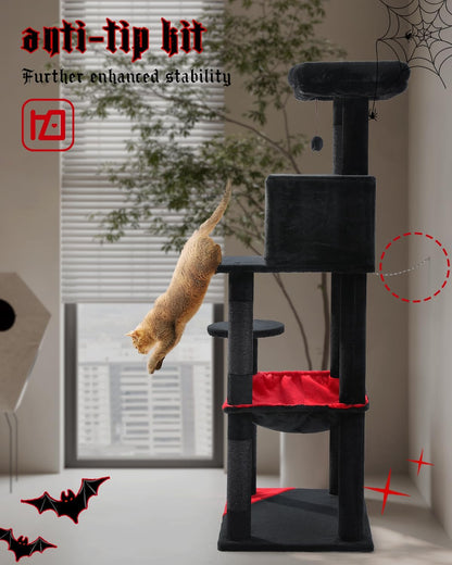 Gothic Cat Tree with Super Large Hammock, 56.3" Black Cat Tower with Coffin Bed, Cat Condo, Sisal Scratching Posts & Top Perch, Multi-Level Goth Cat Tree, Halloween, Black