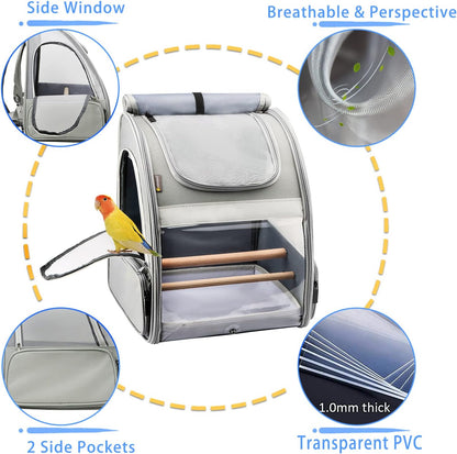 Texsens Bird Carrier Backpack - Pet Travel Cage with Upgraded Tray and Standing Perches, Breathable & Portable, for Small Birds, Green Cheek, Cockatiel, Parrot (Grey)