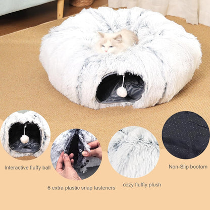 Cat Tunnel with Cat Bed for Indoor Cats, Soft Plush Peekaboo Cat Cave Donut Tunnel, Multifunctional Playground Toys Hideplace for Small Medium Large Kittens, Rabbit, Ferret