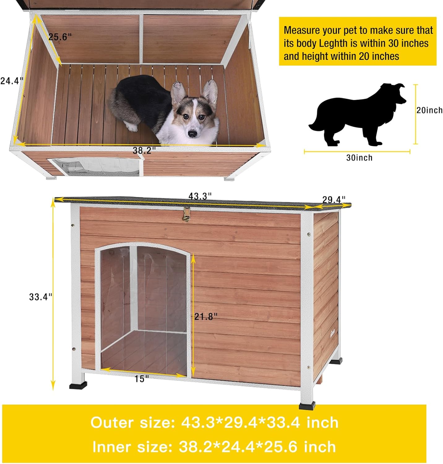 Dog House Outdoor & Indoor Wooden Dog Kennel for Winter with Raised Feet Weatherproof for Small & Medium & Large Dogs,Unique All-Around Iron Frame，Light Brown