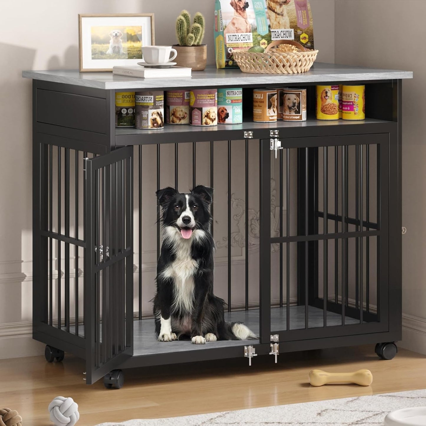 39.4" Dog Crate Furniture for Medium and Large Breed, Dog Kennel Furniture with Storage Shelf & Lockable Wheels, Heavy Duty Wooden End Side Table Pet Cage Indoor, Chew-Resistant, Grey